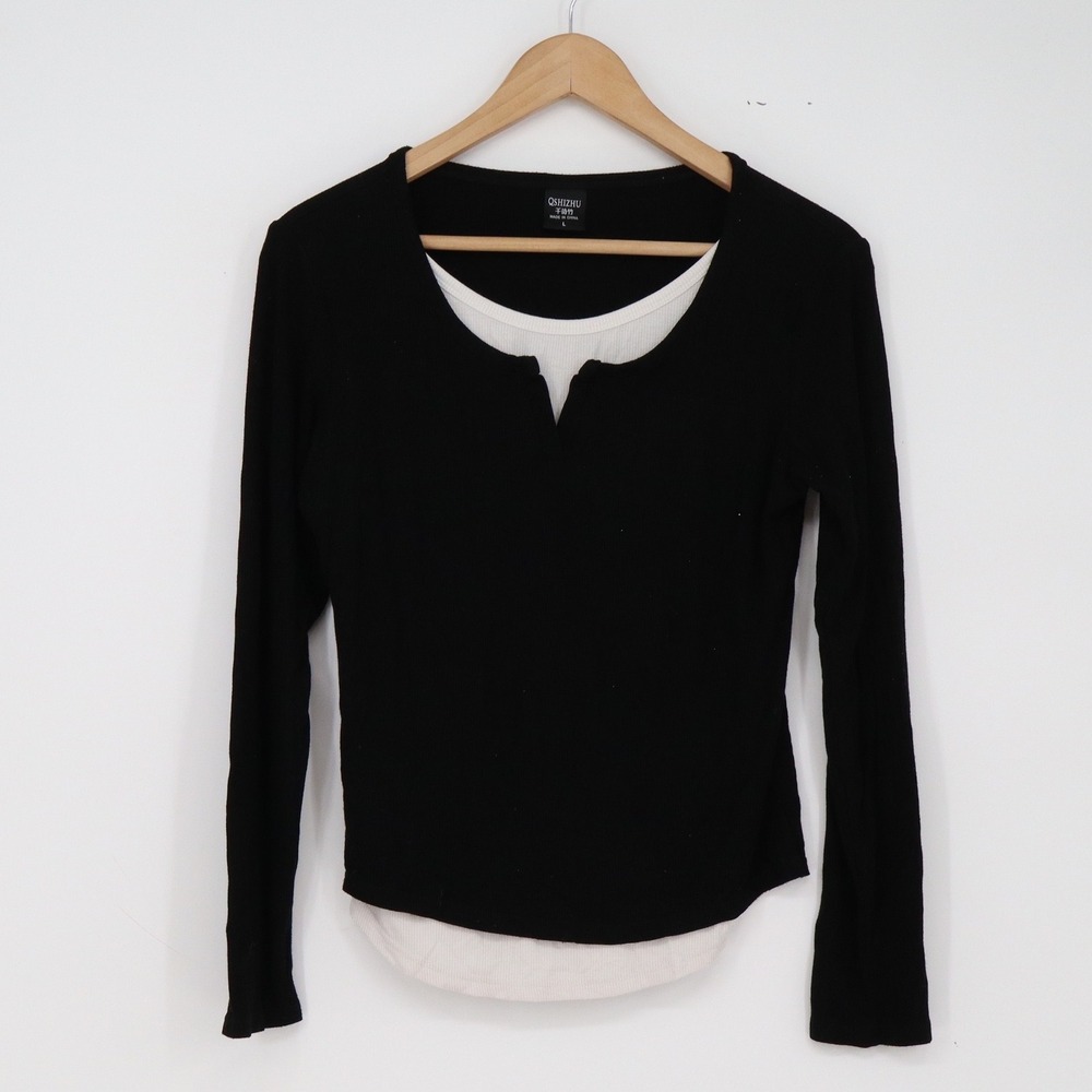 QSHIZHU Top Womens L Layered Look Black Ribbed Split Neck Long Sleeve Excellent